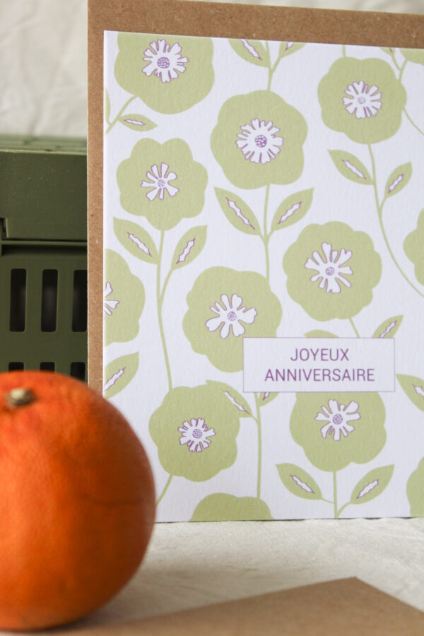 Carte Joyeux anniversaire vert/violet - motif printanier